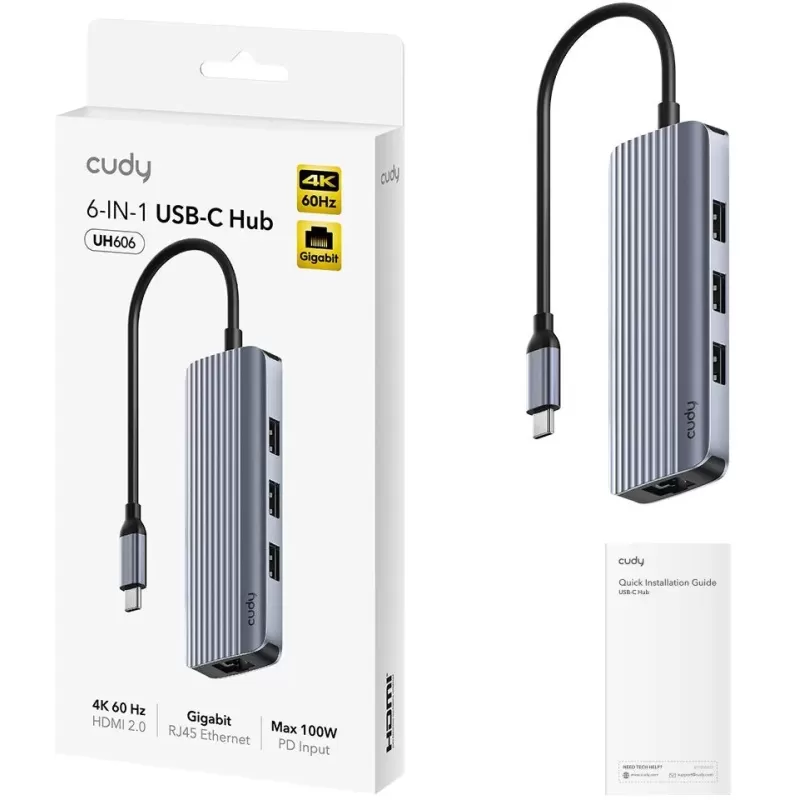 תחנת עגינה CUDY 4K-60Hz HDMI 100W PD & 6-IN-1 USB-C Hub with GbE Docking Station UH606