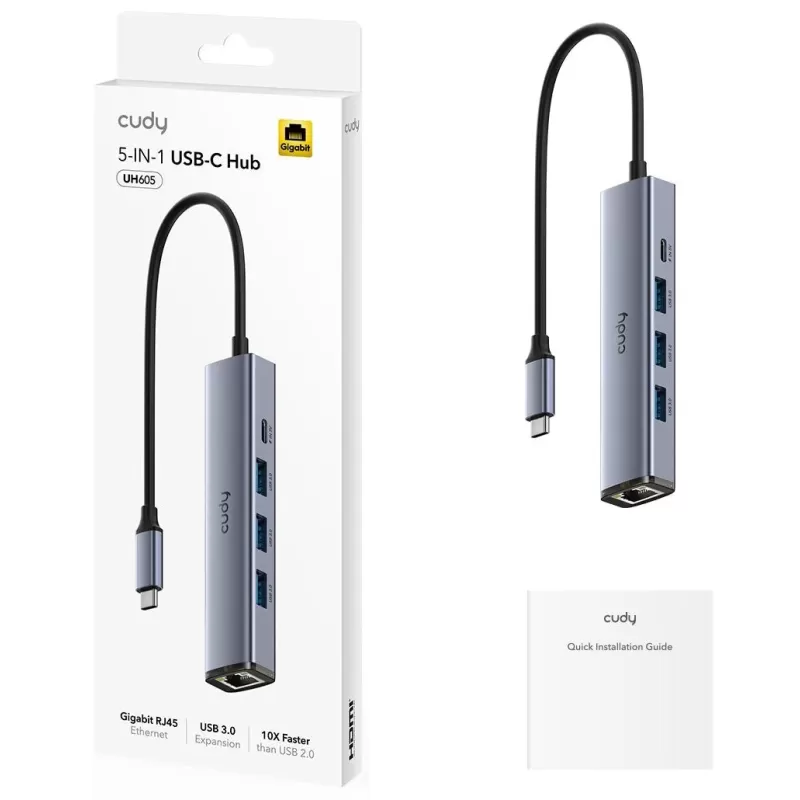 תחנת עגינה CUDY 4K-60Hz HDMI 100W PD & 6-IN-1 USB-C Hub with GbE Docking Station UH606