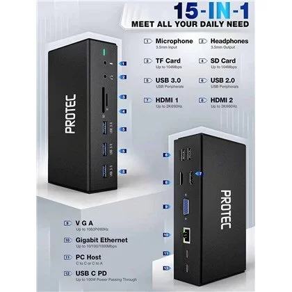 Док-станция Protec DM196 USB/USB-C Dual Display Docking Station DM196