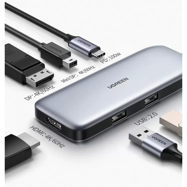 תחנת עגינה UGREEN USB-C to DP / mini DP / HDMI | USB-A x2 | PD Dock 80865