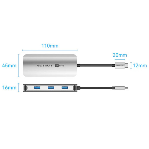 Док-Станция Vention USB-C to HDMI | USB-A x3 | LAN | USB-C PD100W | Dock TQHHB