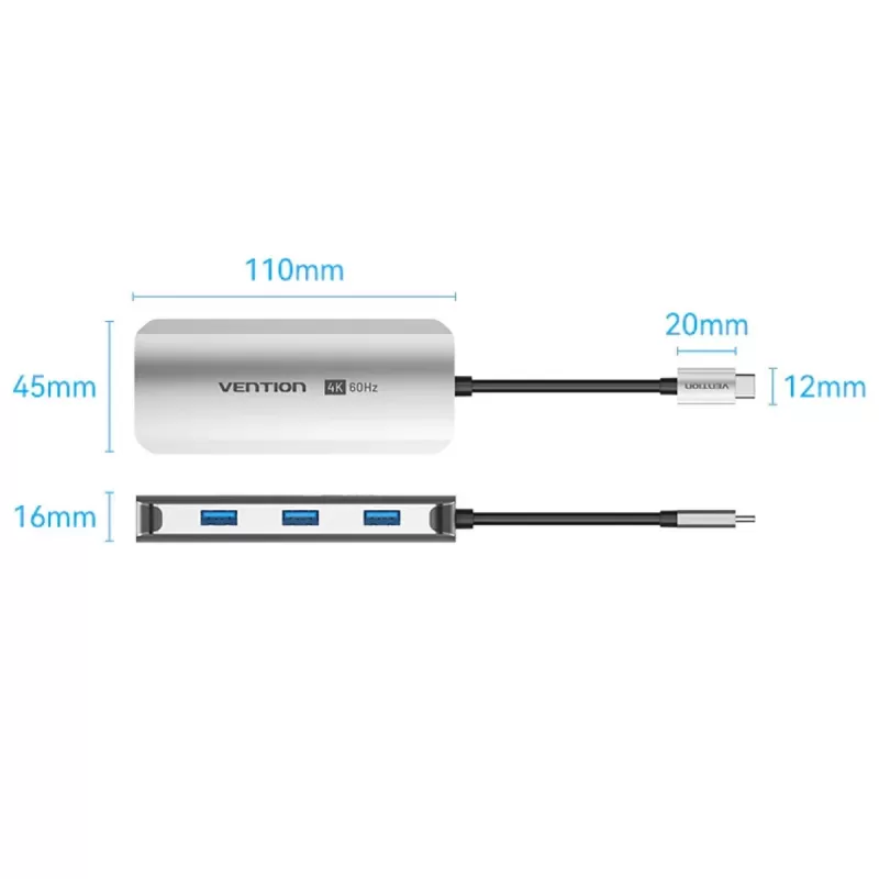 Dock Station Vention USB-C to HDMI | USB-A x3 | LAN | USB-C PD100W | Dock TQHHB