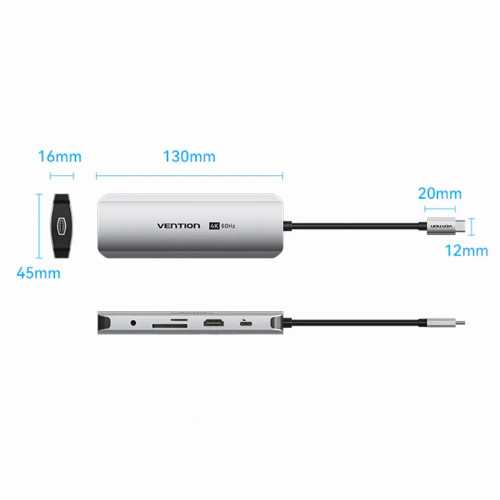 תחנת עגינה Vention USB-C to HDMI | USB-A x2 | USB-C | SD Card Reader | LAN |