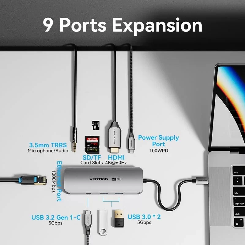 Док-станция Vention USB-C to HDMI | USB-A x2 | USB-C | SD Card Reader | LAN | 3.5mm | PD100W | Dock TQMHB