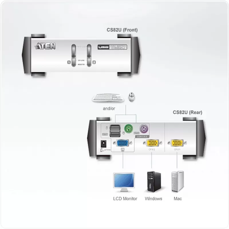 KVM-переключатель ATEN CS82U 2-Port PS/2-USB VGA KVM Switch CS82U Цвет:серый
