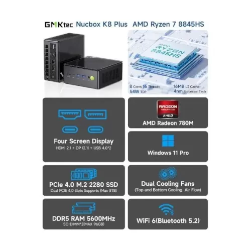 מחשב מיני GM1Ktec K8 Plus AMD Ryzen 7 8845HS 32GB AMD Radeon 780M SSD:1TB Windows 11 Pro