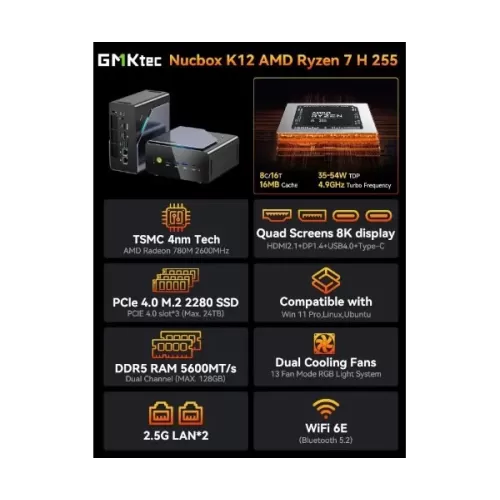 מחשב מיני GM1Ktec K12 Plus AMD Ryzen 7 H 255 32GB AMD Radeon 780M SSD:1TB Windows 11 Pro
