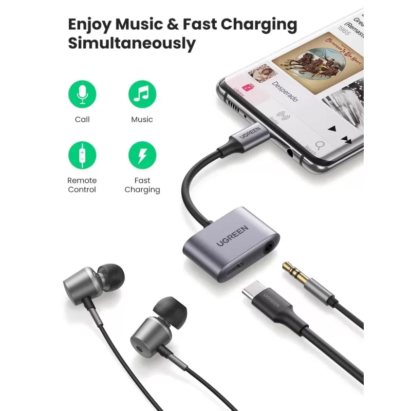 ממיר דיגיטלי לאנלוגי UGREEN USB-C to 3.5" mm + USB-C | PD 30W | 24-bit-96kHz | DAC Splitter 60164