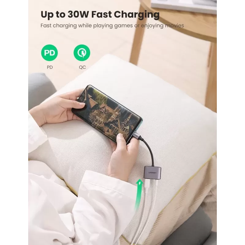 ממיר דיגיטלי לאנלוגי UGREEN USB-C to 3.5" mm + USB-C | PD 30W | 24-bit-96kHz | DAC Splitter 60164