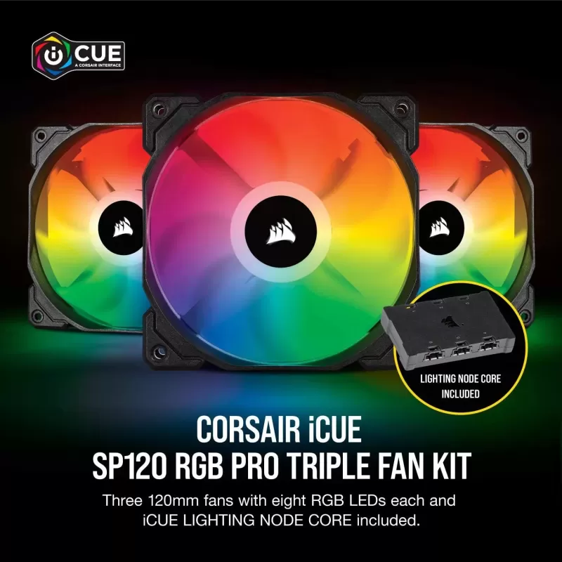3 Fans Kit + Controller Corsair iCUE SP120 RGB PRO Performance Triple Fan Kit with Lighting Node CORE 120mm