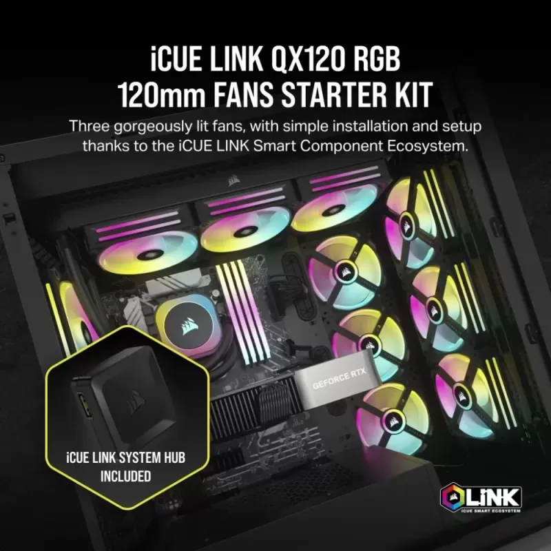 Case Fan Corsair 3 120 iCUE LINK QX120 RGB Starter kit 120mm Color:black