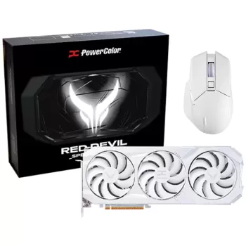 מארז עכבר וכרטיס מסך PowerColor ALPHYN AM10 + Red Devil Spectral לבן RX 9070 XT 16GB GDDR6 RX9070XT16G-EOCWHITE