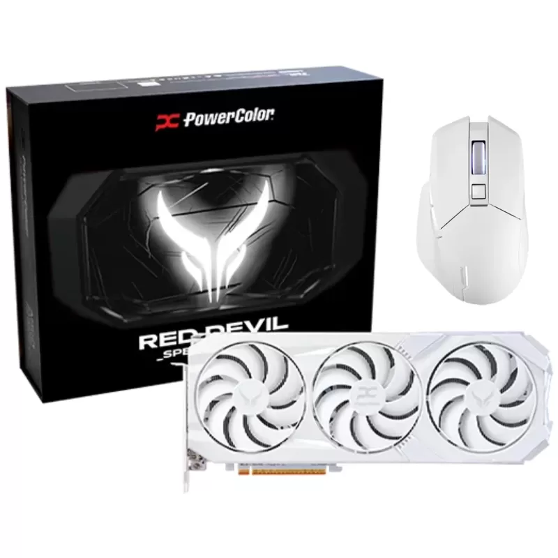Корпус, мышь и видеокарта PowerColor ALPHYN AM10 + Red Devil Spectral white RX 9070 XT 16GB GDDR6 RX9070XT16G-EOCWHITE