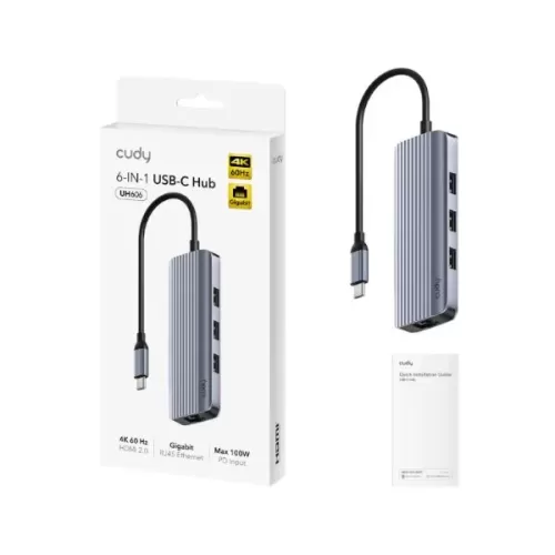 תחנת עגינה CUDY 4K-60Hz HDMI 100W PD & 6-IN-1 USB-C Hub with GbE Docking Station UH606