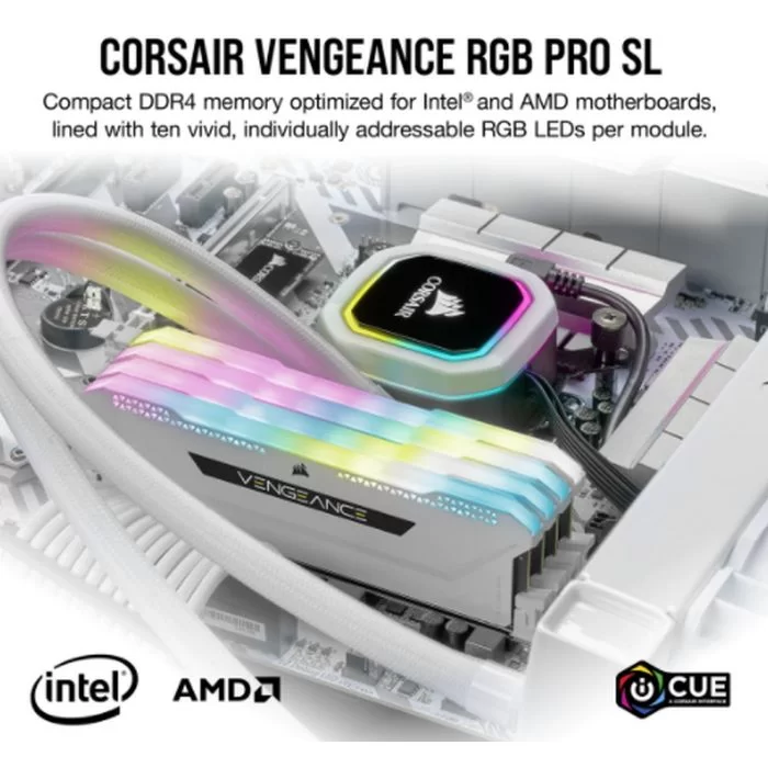 זיכרון לנייח DRAM Corsair VENGEANCE RGB PRO SL CMH32GX4M2E3200C16W KIT 32GB (2x16GB) DDR4 DIMM 3200MHz CL16 צבע לבן