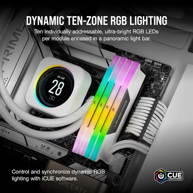 Оперативная память DRAM Corsair VENGEANCE RGB CMH64GX5M2B5600C40W KIT 64GB (2X32GB) DDR5 DIMM 5600MHz CL40 Цвет:белый Оперативная память DRAM Corsair VENGEANCE RGB CMH64GX5M2B5600C40W KIT 64GB (2X32GB) DDR5 DIMM 5600MHz CL40 Цвет:белый