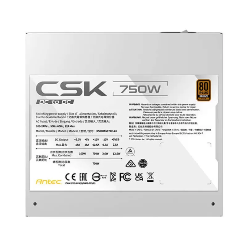 ספק כוח Antec CSK750DC לבן 0-761345-20117-9 80 Plus Bronze 750W ספק כוח Antec CSK750DC לבן 0-761345-20117-9 80 Plus Bronze 750W