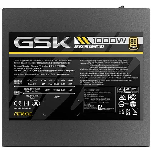 ספק כוח Antec GSK1000 ATX3.1 שחור 0-761345-20193-3 Full Modular 80 Plus Gold 12V:1000W