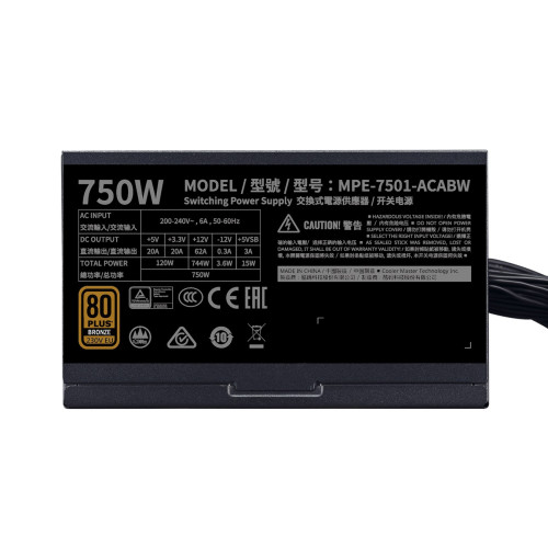 Power Supply Cooler Master MWE 750 V2 230V MPE-7501-ACABW-B לא מודולרי 80 PLUS