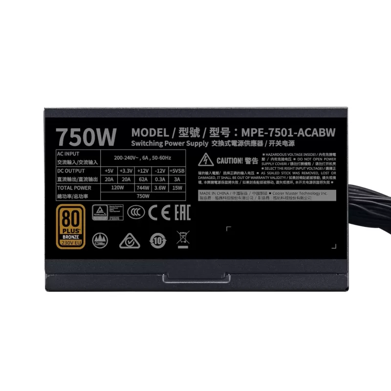 Power Supply Cooler Master MWE 750 V2 230V MPE-7501-ACABW-B Non modular 80 Plus Bronze 750W 12V:744W Power Supply Cooler Master MWE 750 V2 230V MPE-7501-ACABW-B Non modular 80 Plus Bronze 750W 12V:744W