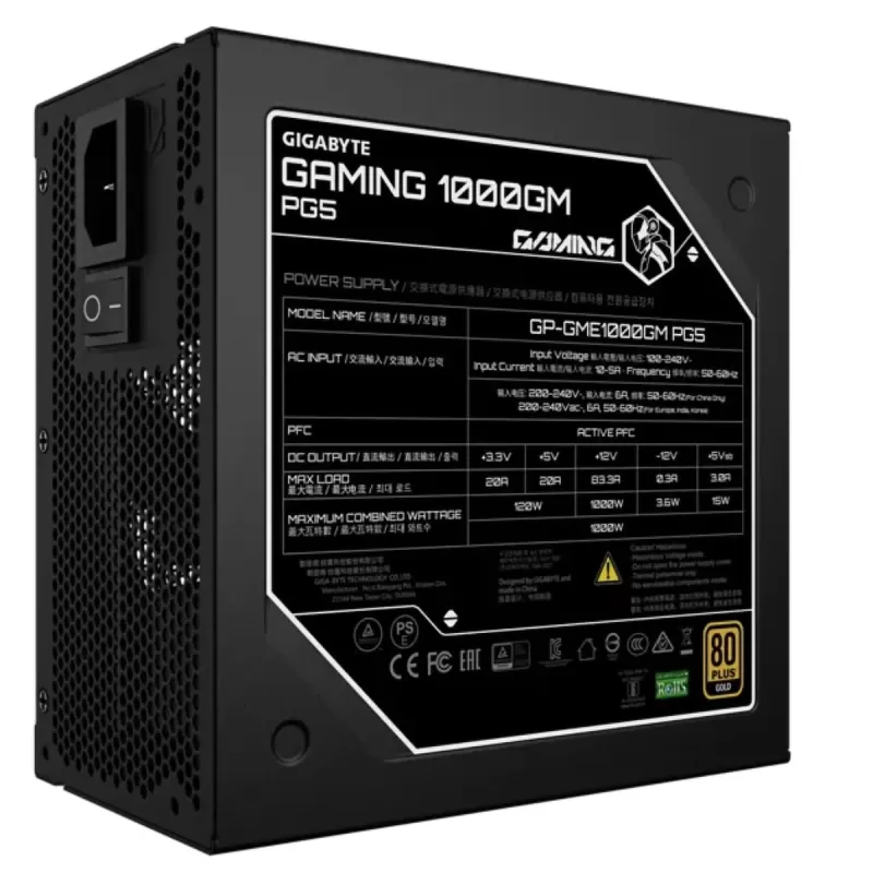 ספק כוח Gigabyte PSU GAMING 1000GM PG5 ATX3.1 GP-GME1000GM PG5 80 Plus Gold 1000W