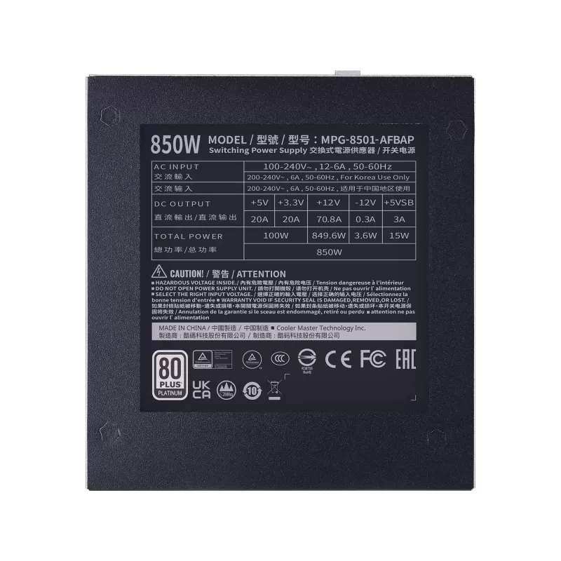 Power Supply Cooler Master XG850 PLATINUM MPG-8501-AFBAP-XWO Full Modular 80 Plus Platinum 850W 12V:849.6W ATX 12V 3.0