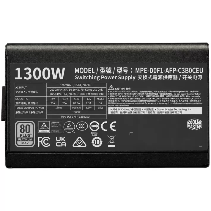 ספק כוח Cooler Master Elite Platinum 1300W ATX 3.1 MPE-D0F1-AFP-C3B0CEU מודולרי מלא 80 Plus Platinum