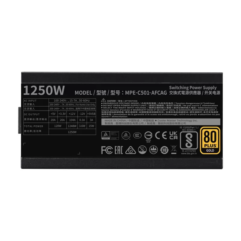 ספק כוח Cooler Master MWE GOLD 1250 - V2 FULL MODULAR MPE-C501-AFCAG-3WO מודולרי מלא 80 Plus Gold 1250W 12V:1248W
