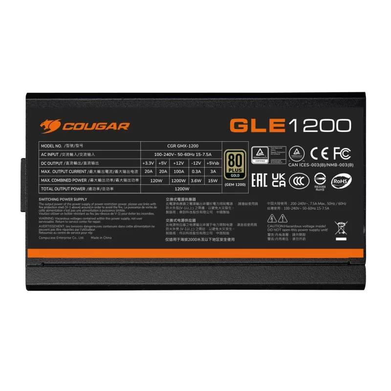 ספק כוח COUGAR GLE 1000 שחור 31GF100001P01 Full Modular 80 Plus Gold 12V:1000W