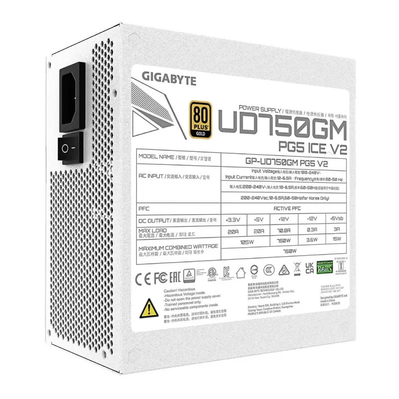 ספק כוח Gigabyte UD750GM PG5 V2 ICE GP-UD750GM-PG5-V2-ICE מודולרי מלא 80 Plus Gold 750W - יבואן רשמי