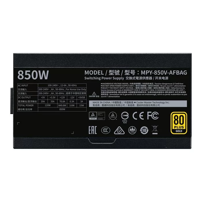Power Supply Cooler Master V850 V2 MPY-850V-AFBAG Full Modular 80 Plus Gold 850W 12V:849.6W