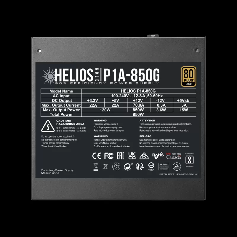 Блок Питания Gamdias HELIOS P1A-850G Fully Modular HELIOS P1A-850G Полностью Модулярный 80 Plus Gold 12V:850W ATX12V v2.52