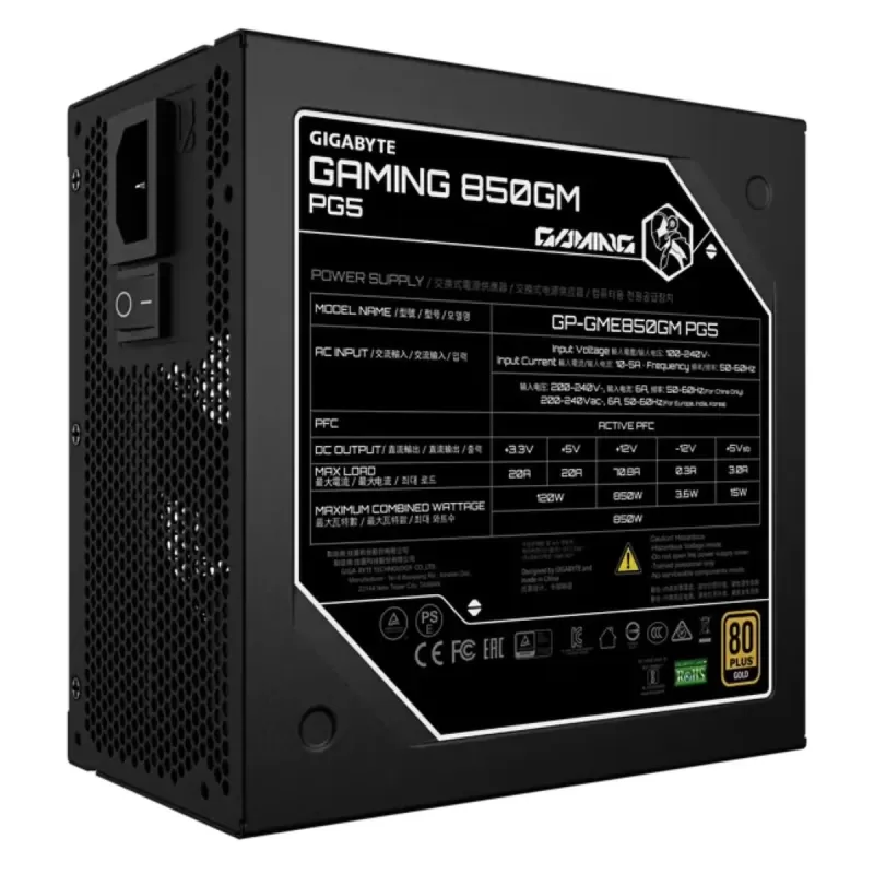 ספק כוח Gigabyte PSU GAMING 850GM PG5 ATX3.1 GP-GME850GM PG5 80 Plus Gold 850W