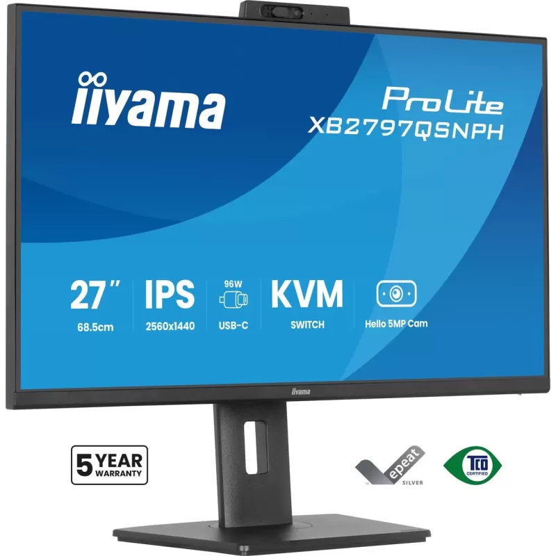 מסך מחשב IIYAMA 27" QHD 75Hz 1ms Webcam USB-C PD96W IPS Monitor XB2797QSNPH-B1