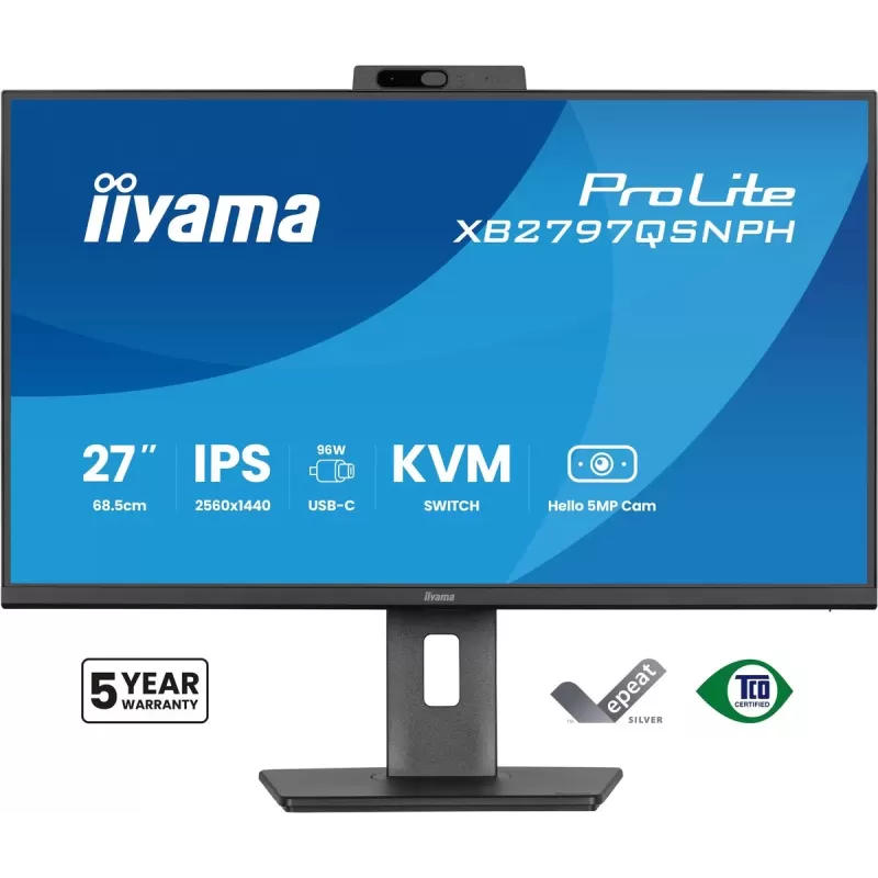 מסך מחשב IIYAMA 27" QHD 75Hz 1ms Webcam USB-C PD96W IPS Monitor XB2797QSNPH-B1