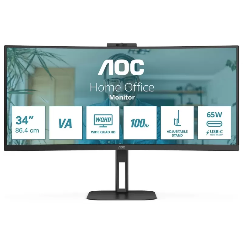 מסך מחשב קעור עם מצלמת רשת AOC CU34V5CW-BK 34" 100Hz UWQHD VA צבע שחור - יבואן מקביל