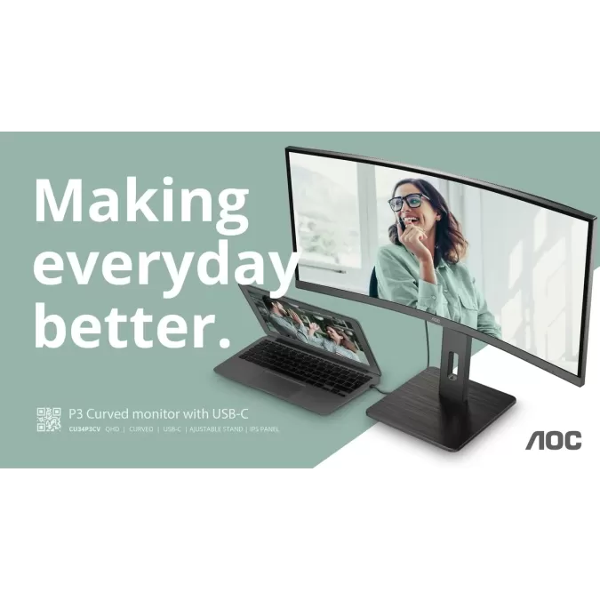 Computer Monitor AOC 34" QHD 100Hz 4ms USB-C DP65W VA Curved Monitor CU34P3CV