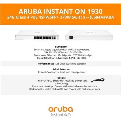 Switch Aruba Instant On 1930 24G PoE+ 4×10G SFP+ Switch JL684B