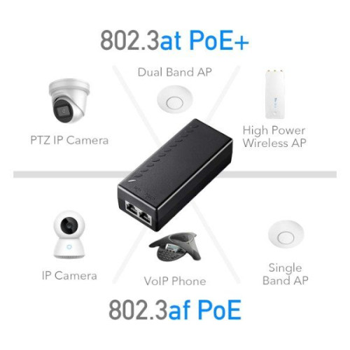 Шприц CUDY 30W Gigabit PoE Injector Adapter up to 100 Meters POE200 Цвет:черный