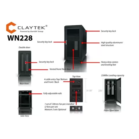 Серверный шкаф Claytek 22U 700mm deep WN228 Цвет:чёрный Серверный шкаф Claytek 22U 700mm deep WN228 Цвет:чёрный