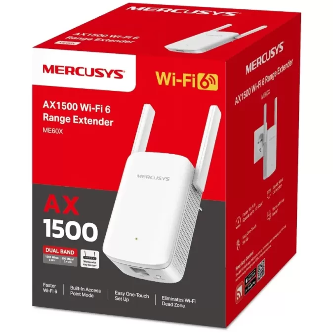 Уселитель Сигнала Wi-Fi MERCUSYS ME60X AX1500 Wi-Fi 6 ME60X Цвет:белый Уселитель Сигнала Wi-Fi MERCUSYS ME60X AX1500 Wi-Fi 6 ME60X Цвет:белый