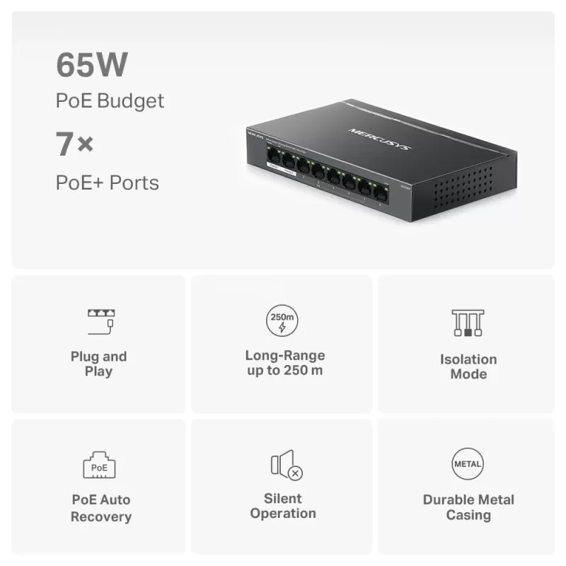מתג MERCUSYS MS108GP 8-P Gigabit MS108GP מתג MERCUSYS MS108GP 8-P Gigabit MS108GP