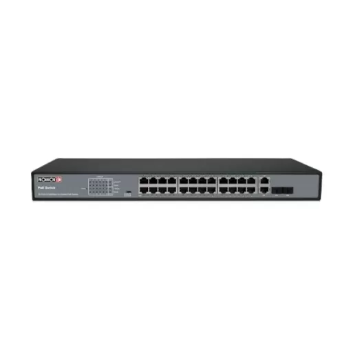 מתג Provison 24 PORT 100MB POE Switch 2XUplink 1GB 370W Total POES-24370C+2SFP צבע שחור