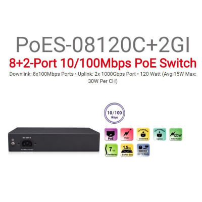 Switch PROVISION 2PORT UPLOAD 1GB + PoES-08120C+2GI 8port 10/100 Switch PROVISION 2PORT UPLOAD 1GB + PoES-08120C+2GI 8port 10/100