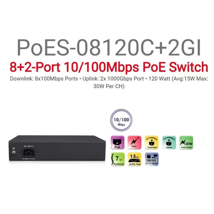 מתג Provison 2PORT UPLOAD 1GB + PoES-08120C+2GI 8port 10/100 PoES-08120C+2GI צבע שחור