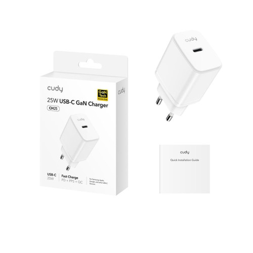 Wall Charger CUDY 25W USB-C Charger with EU Plug CH25_EU CH25-EU Color:white