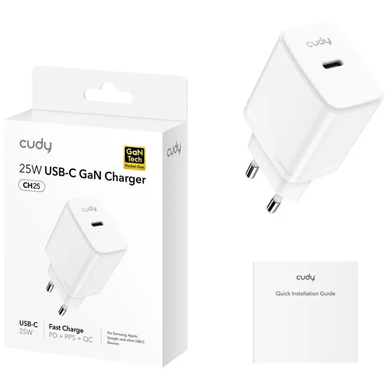Wall Charger CUDY 25W USB-C Charger with EU Plug CH25_EU CH25-EU Color:white Wall Charger CUDY 25W USB-C Charger with EU Plug CH25_EU CH25-EU Color:white