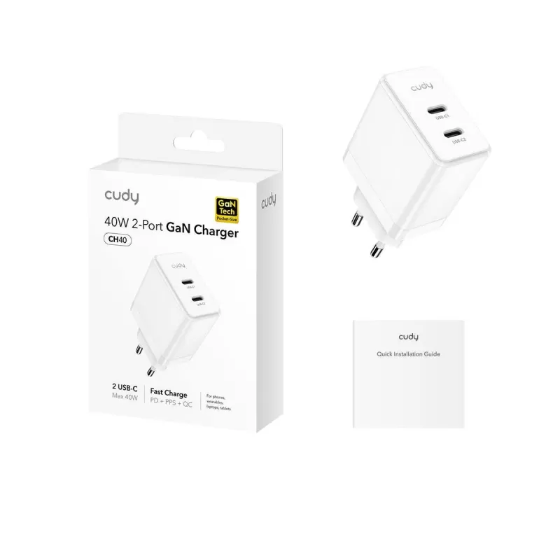 Зарядное устройство CUDY 40W 2-Port USB-C GaN Charger CH40_EU