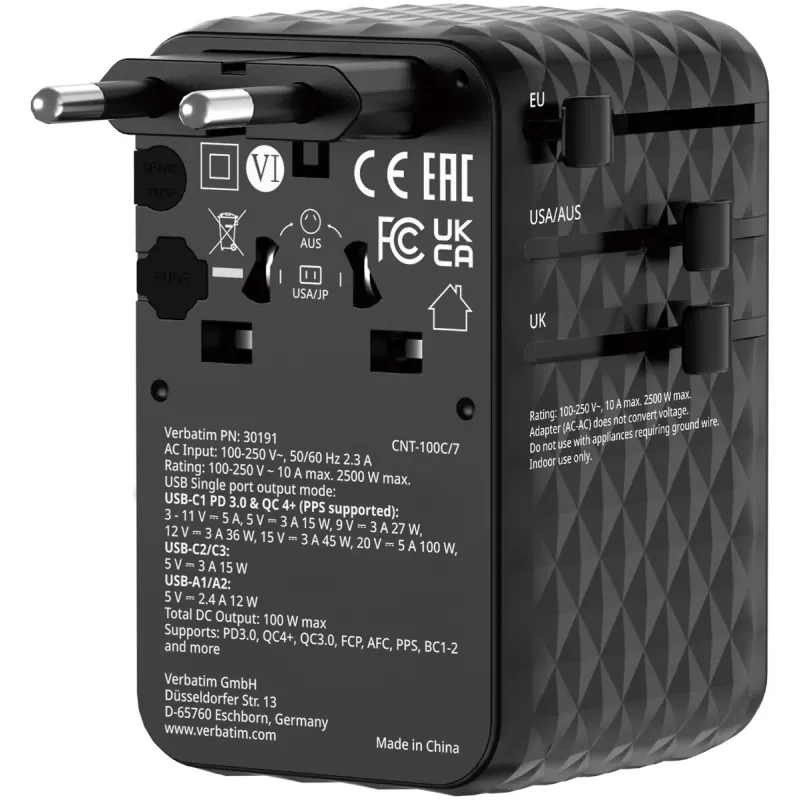 Адаптер универсальный Verbatim Charge 'n' Travel 100W GaN III black 30191