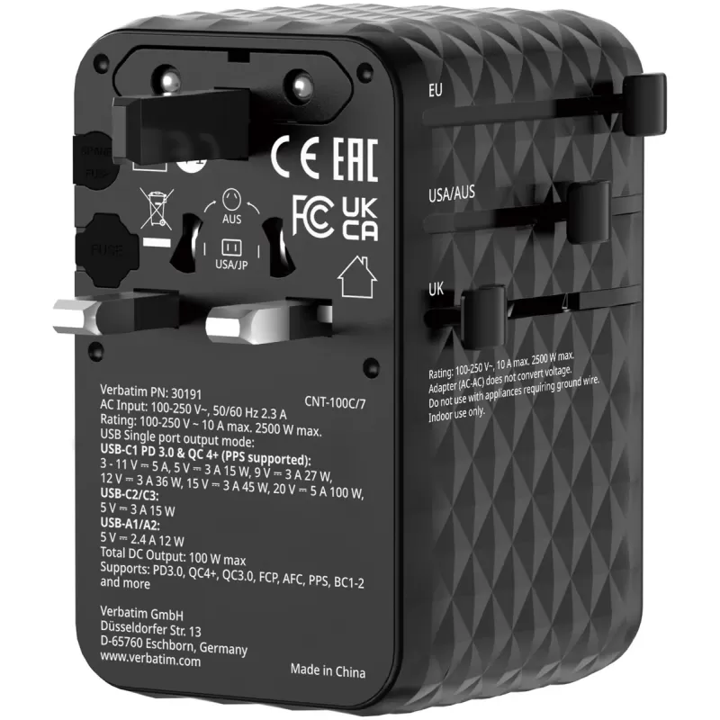 Адаптер универсальный Verbatim Charge 'n' Travel 100W GaN III black 30191